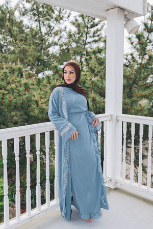 Dina Embroidery Abaya Set- Dusty Blue