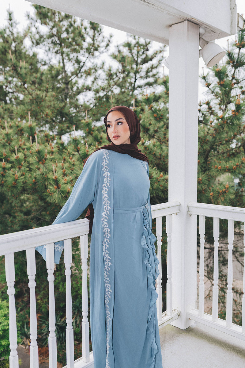 Dina Embroidery Abaya Set- Dusty Blue