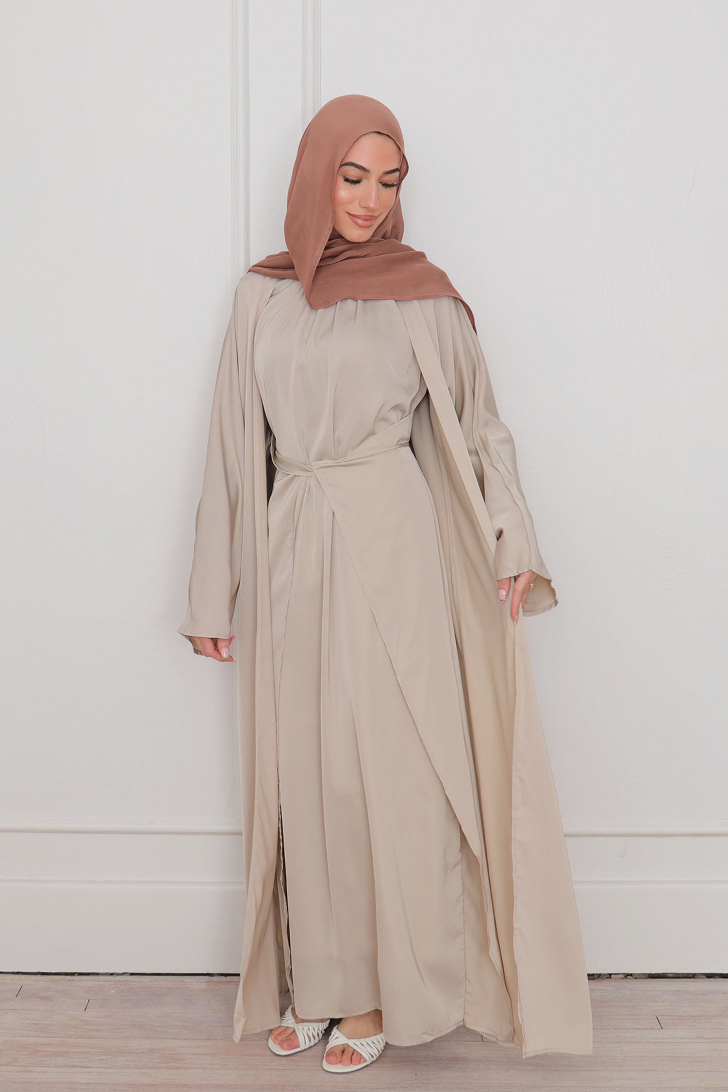 beige abaya dress Linen Wrap Abaya Dress