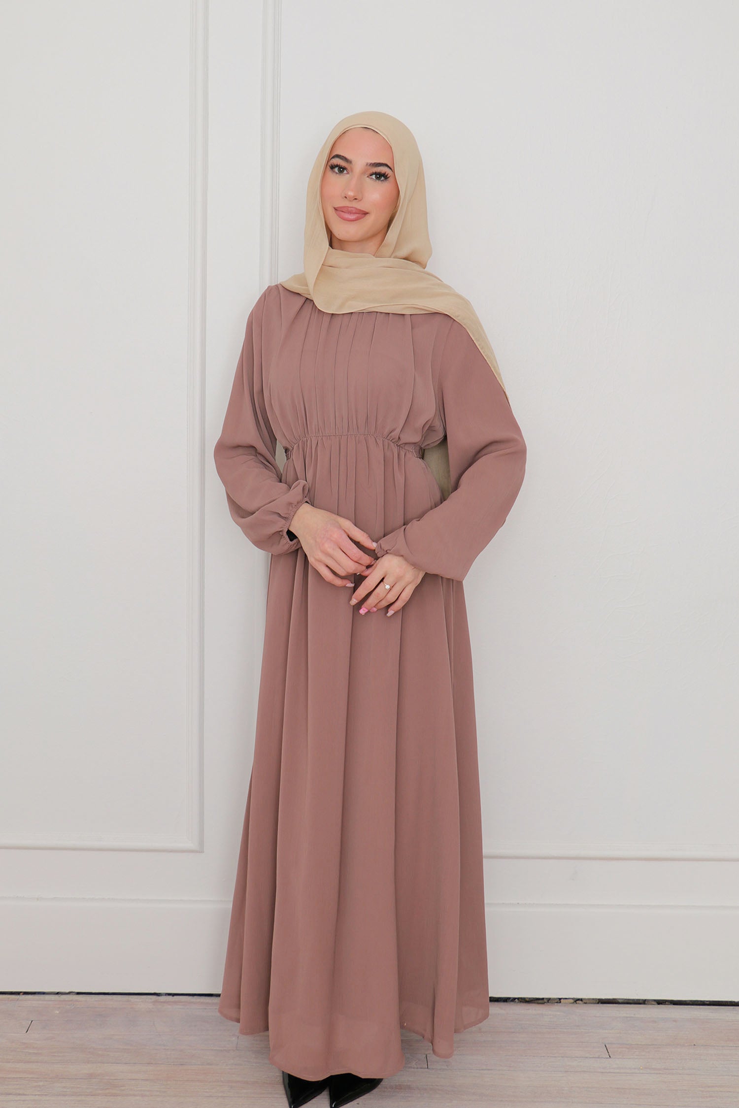 Naya Textured Chiffon Dress- Nude 56 by LaMeera Moda