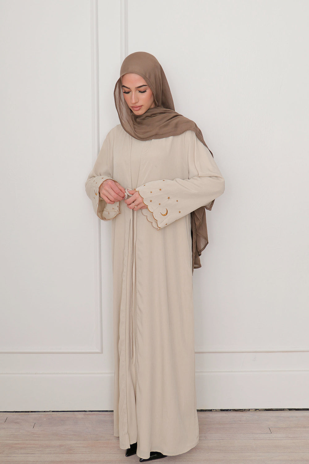 Qamar Embroidery Abaya Set- Beige