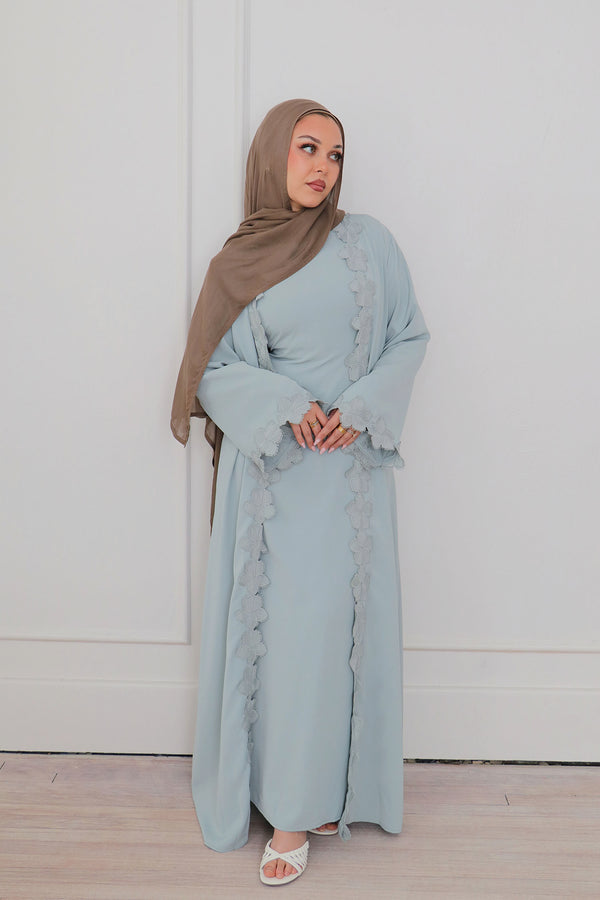 Malak Flower Abaya Set - Mint Blue