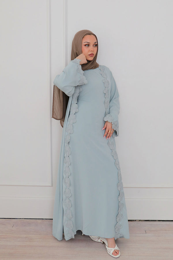 Malak Flower Abaya Set - Mint Blue