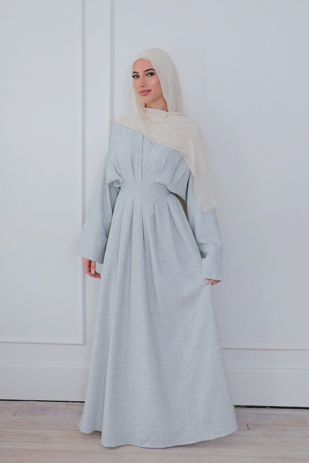 Sena Linen Pleat Abaya - Blue Gray