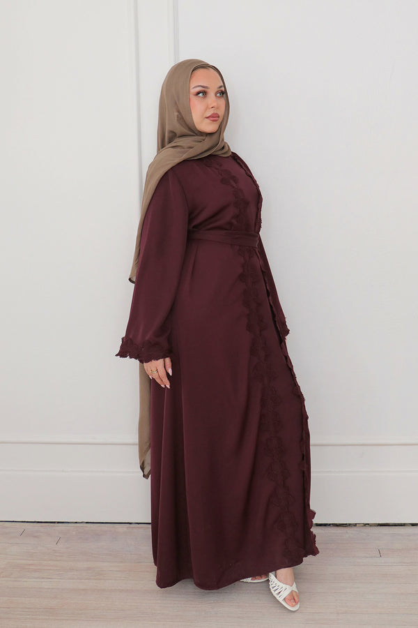 Malak Flower Abaya Set - Mahogany