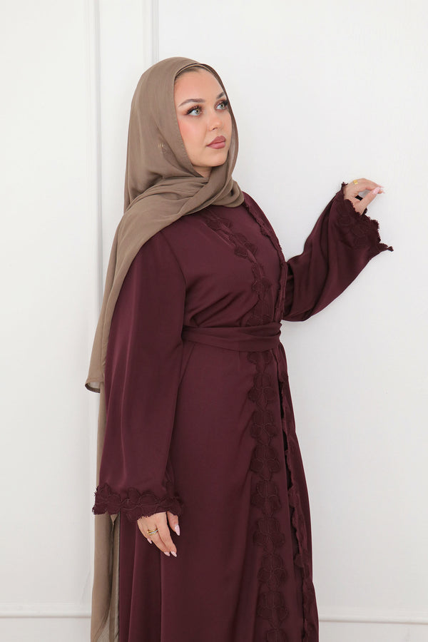 Malak Flower Abaya Set - Mahogany