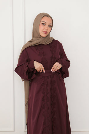 Malak Flower Abaya Set - Mahogany