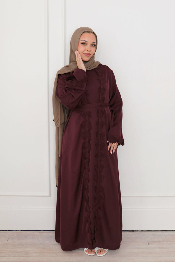 Malak Flower Abaya Set - Mahogany