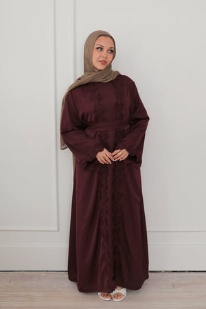 Malak Flower Abaya Set - Mahogany