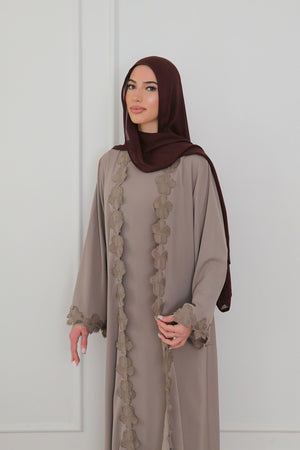 Malak Flower Abaya Set - Taupe
