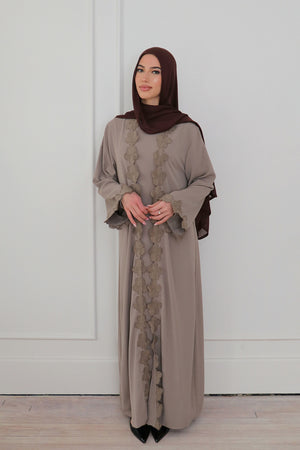 Malak Flower Abaya Set - Taupe