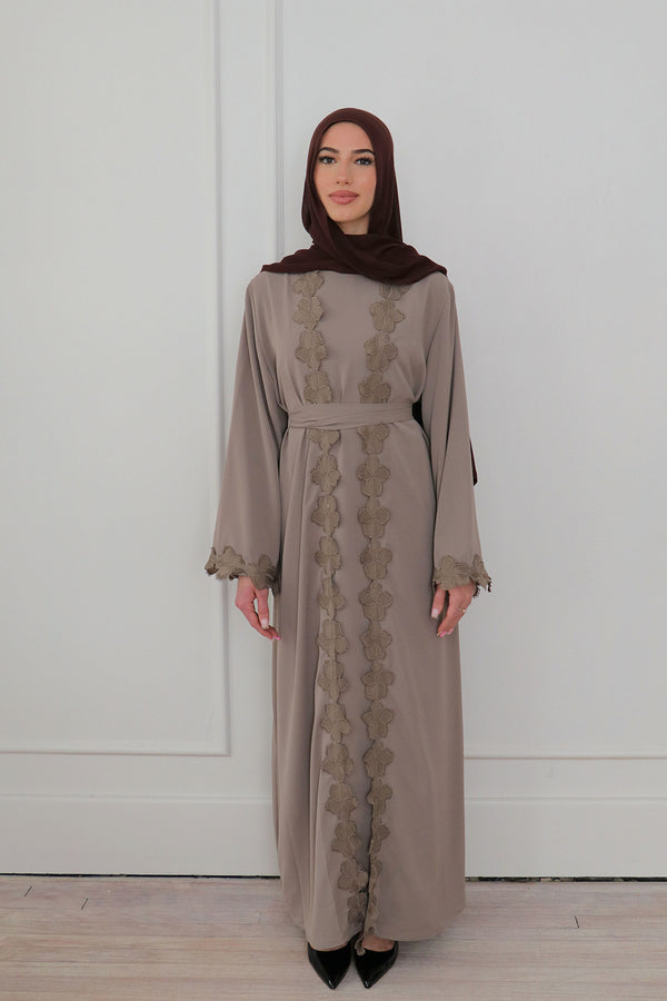Malak Flower Abaya Set - Taupe