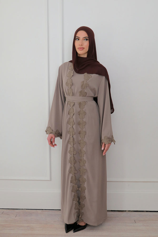 Malak Flower Abaya Set - Taupe