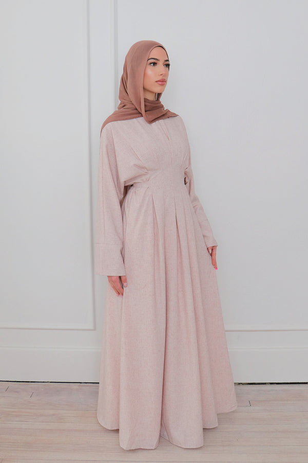 Sena Linen Pleat Abaya - Soft Blush