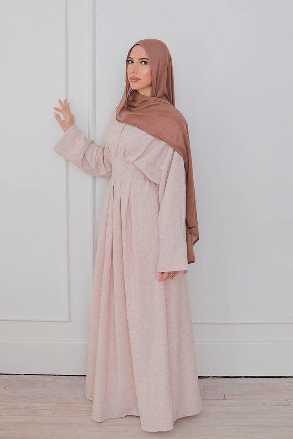 Sena Linen Pleat Abaya - Soft Blush