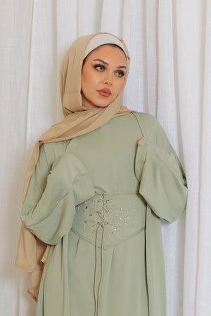 Elmas Textured Corset Abaya Set- Light Sage Green