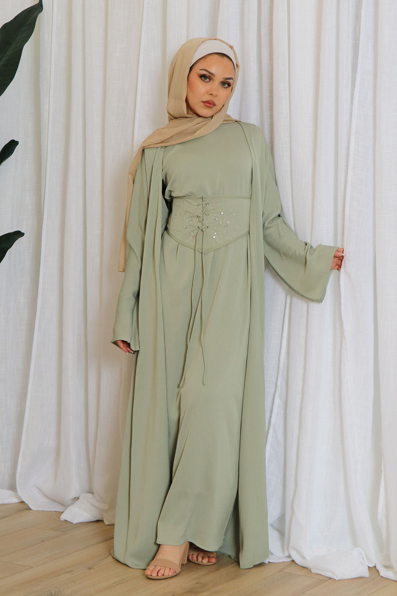 Elmas Textured Corset Abaya Set- Light Sage Green
