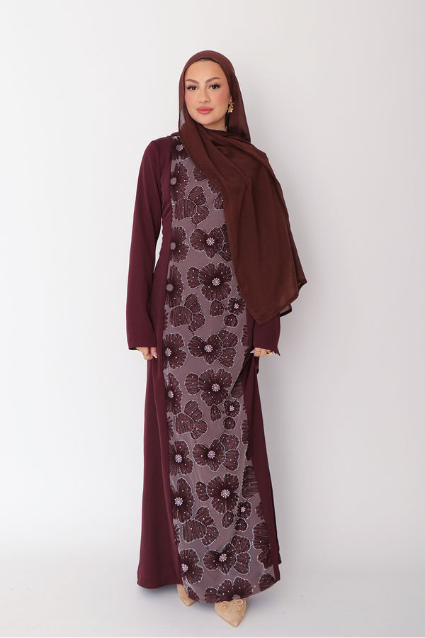 Warda Floral Lace Dress - Mahogany