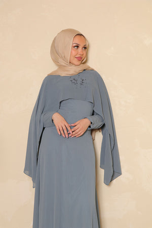 Hilal Embroidery Drape Dress - Stormy Blue