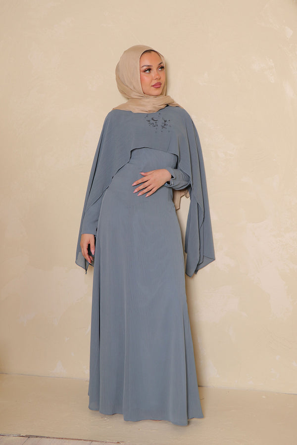 Hilal Embroidery Drape Dress - Stormy Blue