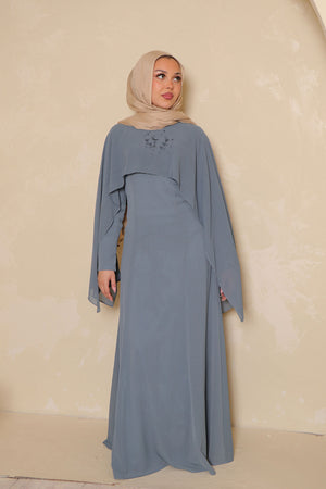 Hilal Embroidery Drape Dress - Stormy Blue