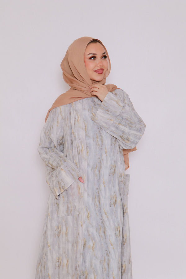 Rana Print Abaya Set- Blue Gray