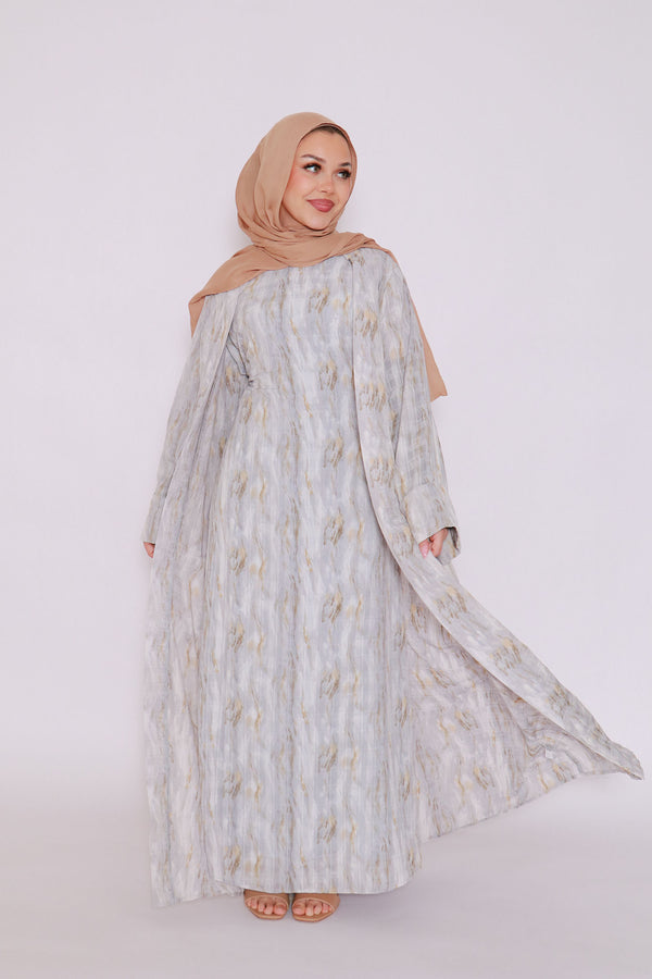 Rana Print Abaya Set- Blue Gray