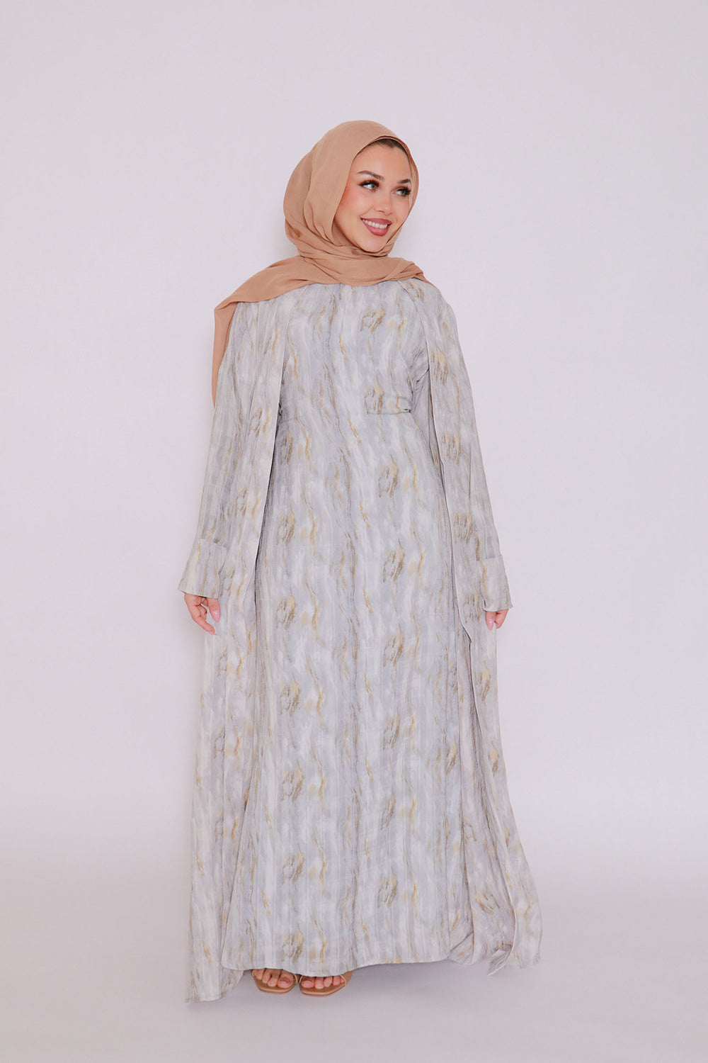 Rana Print Abaya Set- Blue Gray