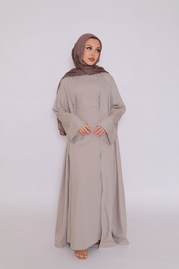 Rana Stripe Abaya Set- Taupe