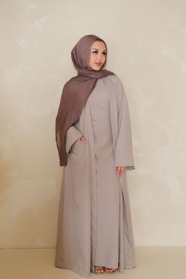 Rana Stripe Abaya Set- Taupe