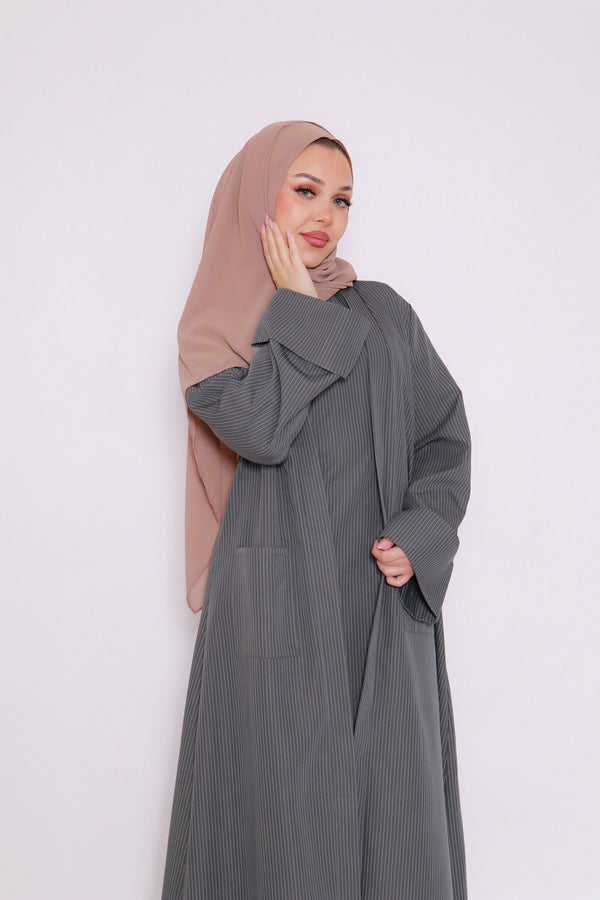 Rana Stripe Abaya Set- Koala Gray