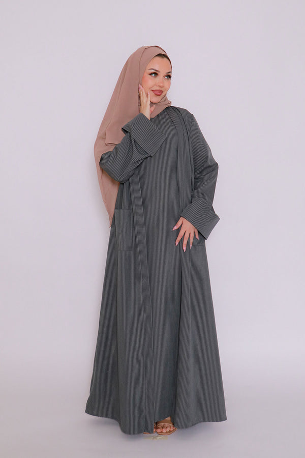 Rana Stripe Abaya Set- Koala Gray