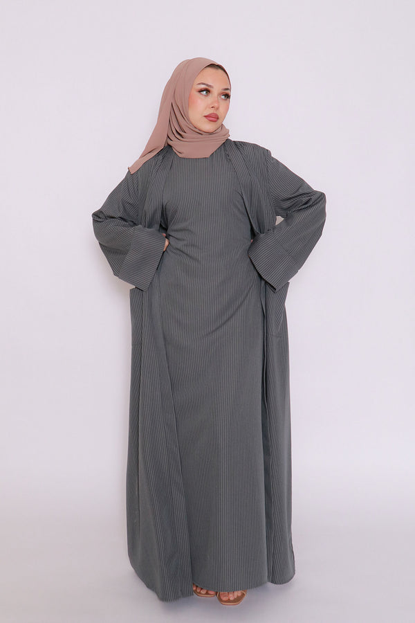 Rana Stripe Abaya Set- Koala Gray