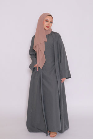 Rana Stripe Abaya Set- Koala Gray