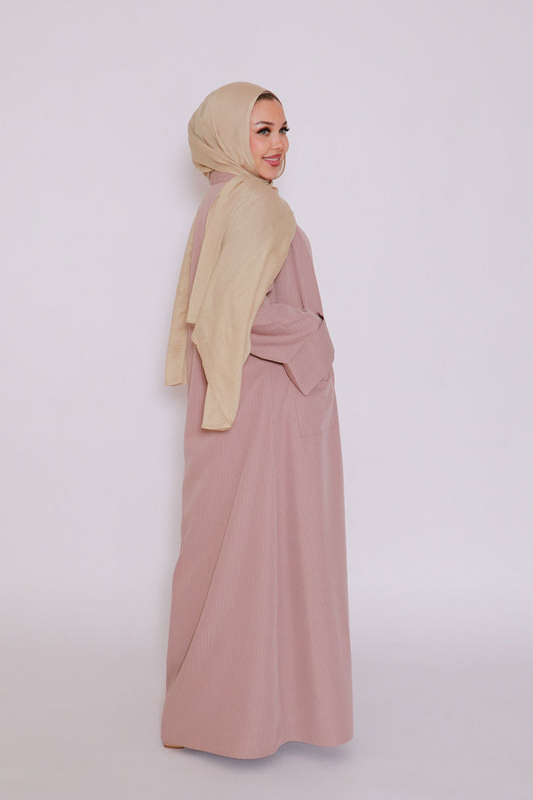 Rana Stripe Abaya Set- Nude Pink