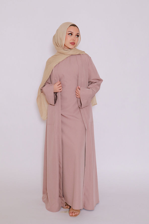 Rana Stripe Abaya Set- Nude Pink