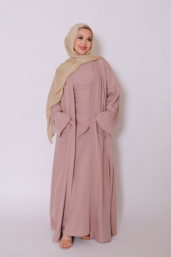 Rana Stripe Abaya Set- Nude Pink