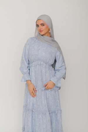 Emery Lace Floral Dress- Blue Gray
