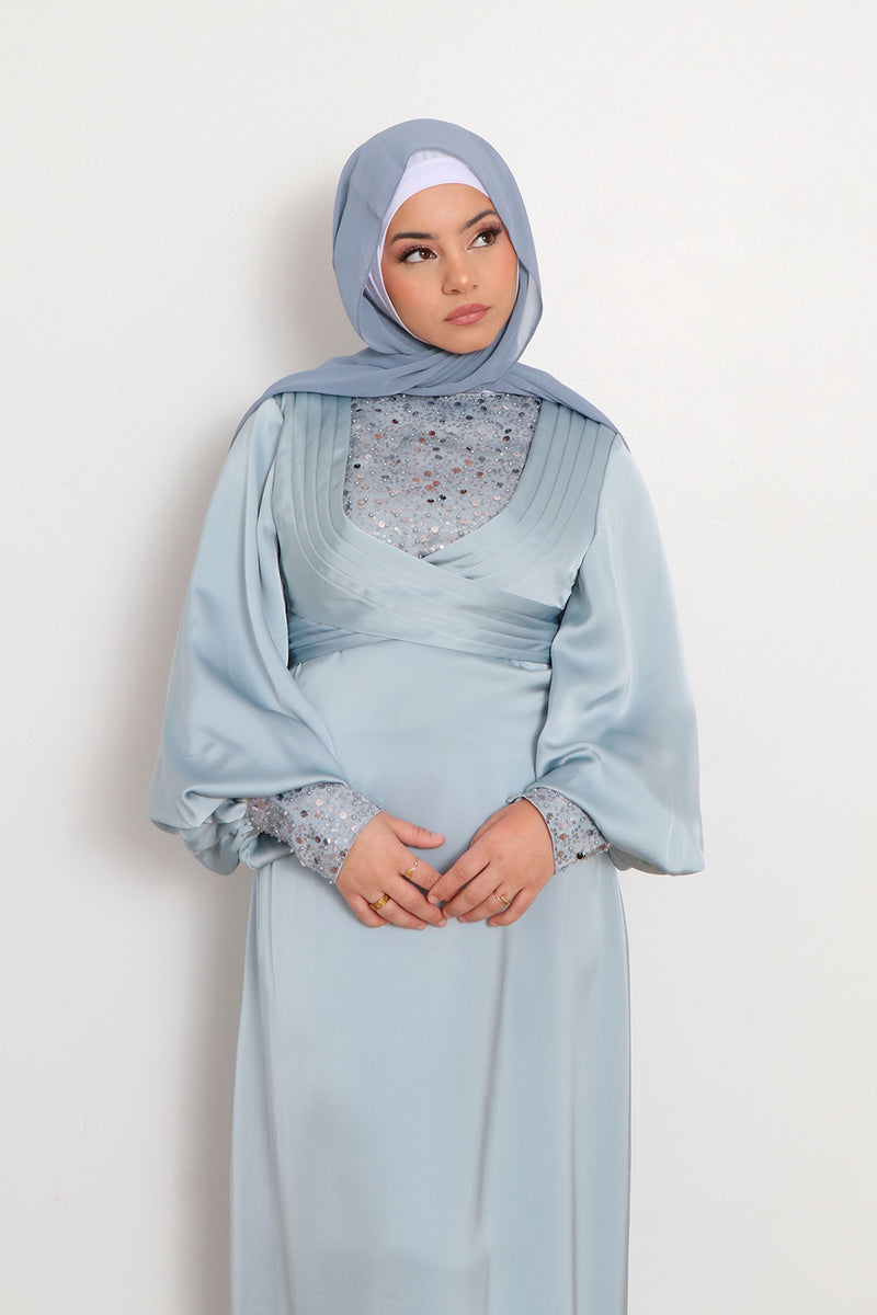 Lydia VIP Luxury Pearl Satin Dress- Sky Blue
