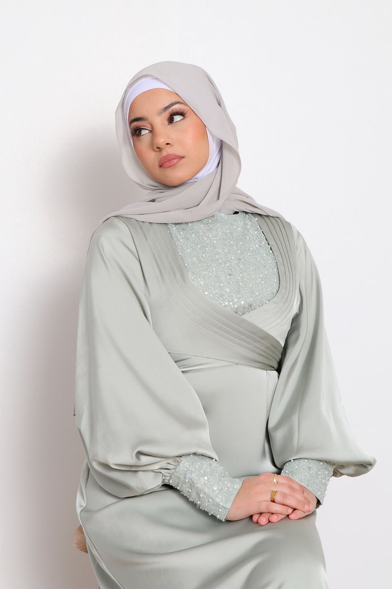 Lydia VIP Luxury Pearl Satin Dress- Mint Gray