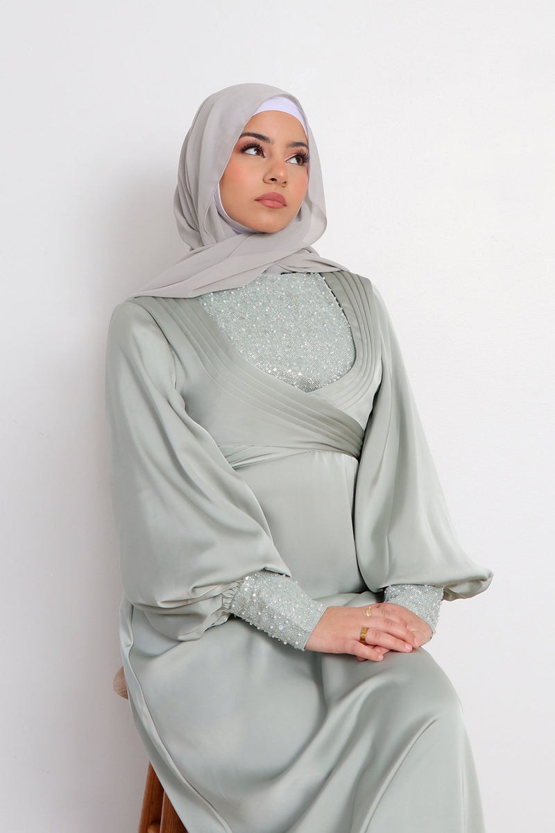 Lydia VIP Luxury Pearl Satin Dress- Mint Gray