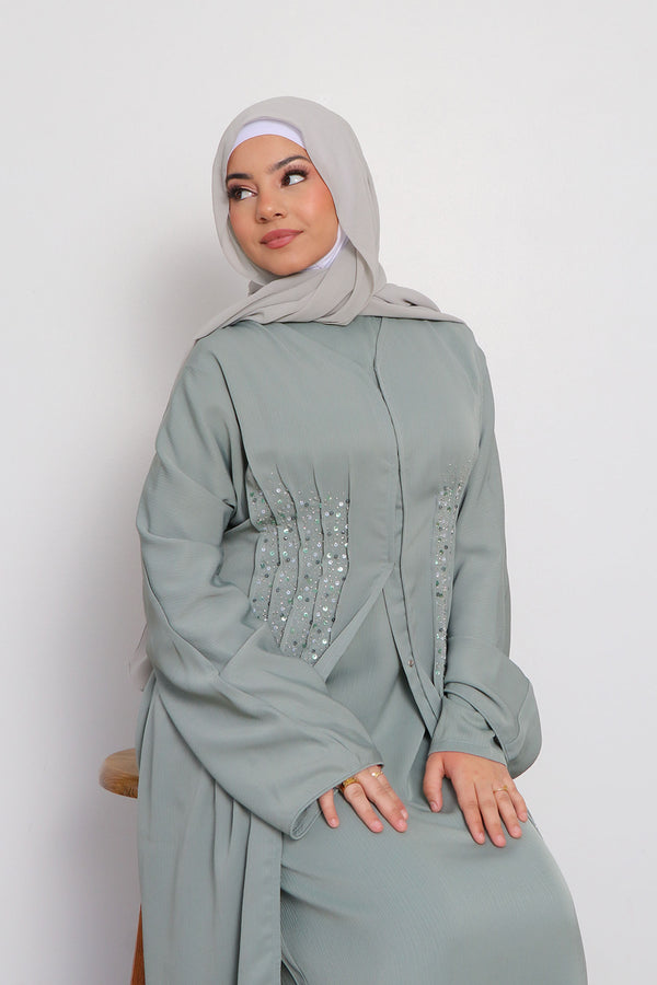 Aaira Textured Beaded Open Abaya- Mint