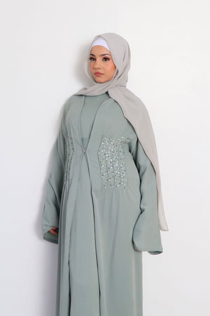 Aaira Textured Beaded Open Abaya- Mint