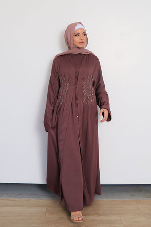 Aaira Textured Beaded Open Abaya- Mocha