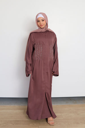 Aaira Textured Beaded Open Abaya- Mocha