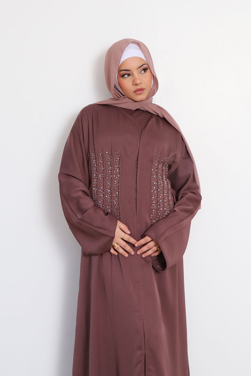 Aaira Textured Beaded Open Abaya- Mocha