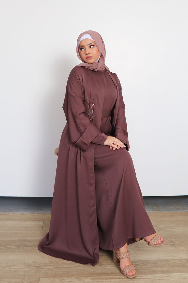 Aaira Textured Beaded Open Abaya- Mocha