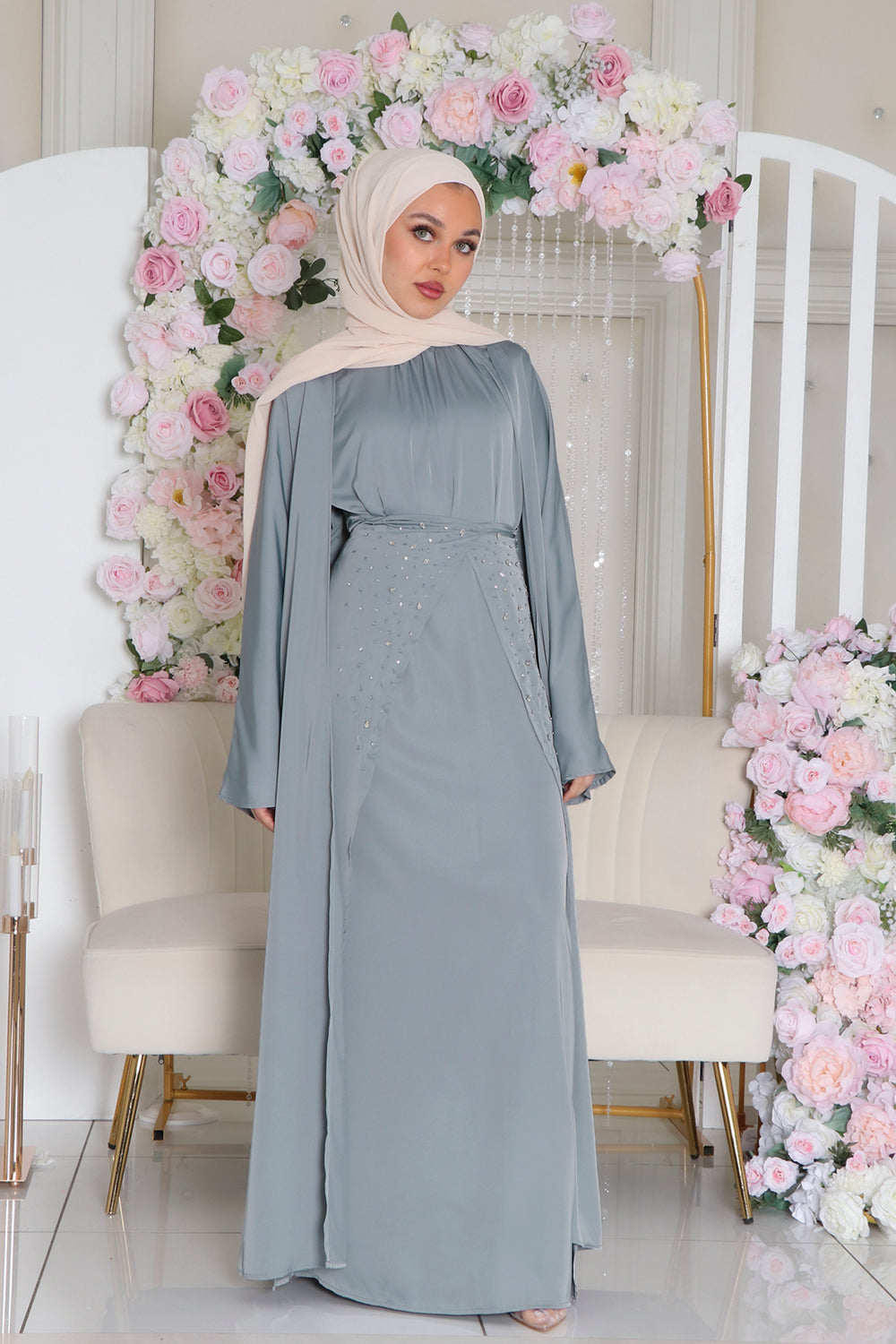 Aurora Beaded Tie Abaya Set- Mint Gray