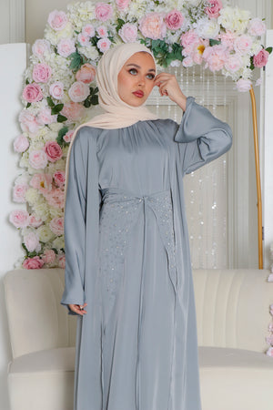 Aurora Beaded Tie Abaya Set- Mint Gray