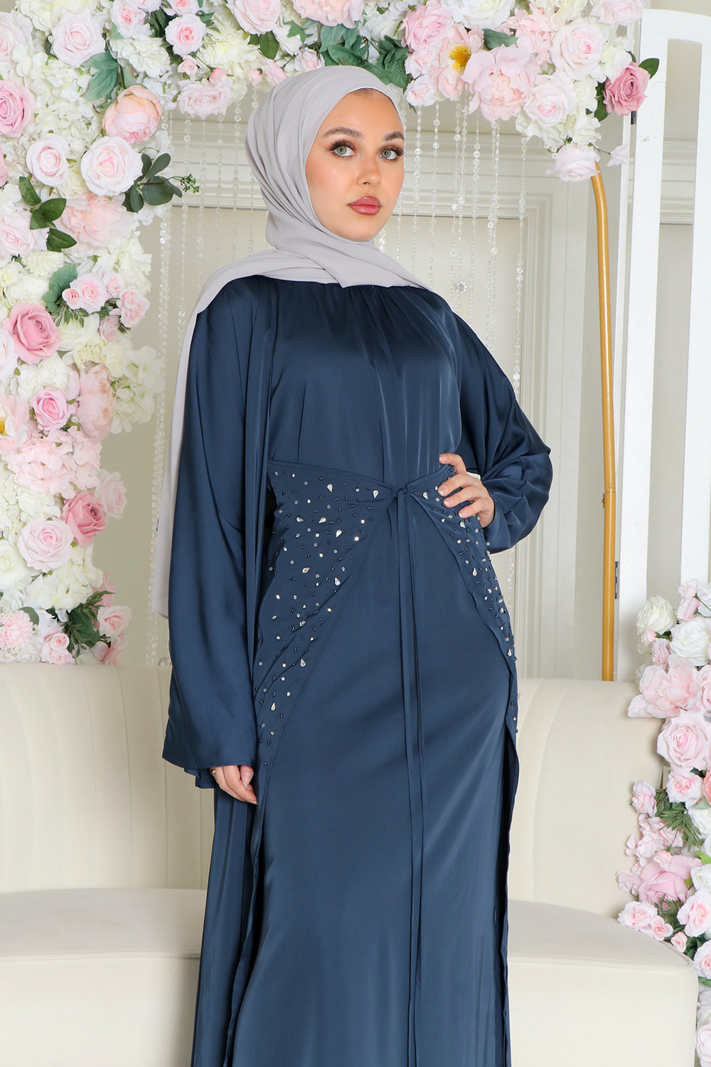 Aurora Beaded Tie Abaya Set- Navy